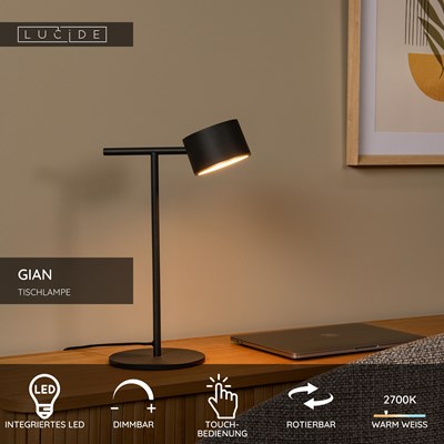 Lucide GIAN - Tischlampe - LED Dim. - 1x9W 2700K - Schwarz